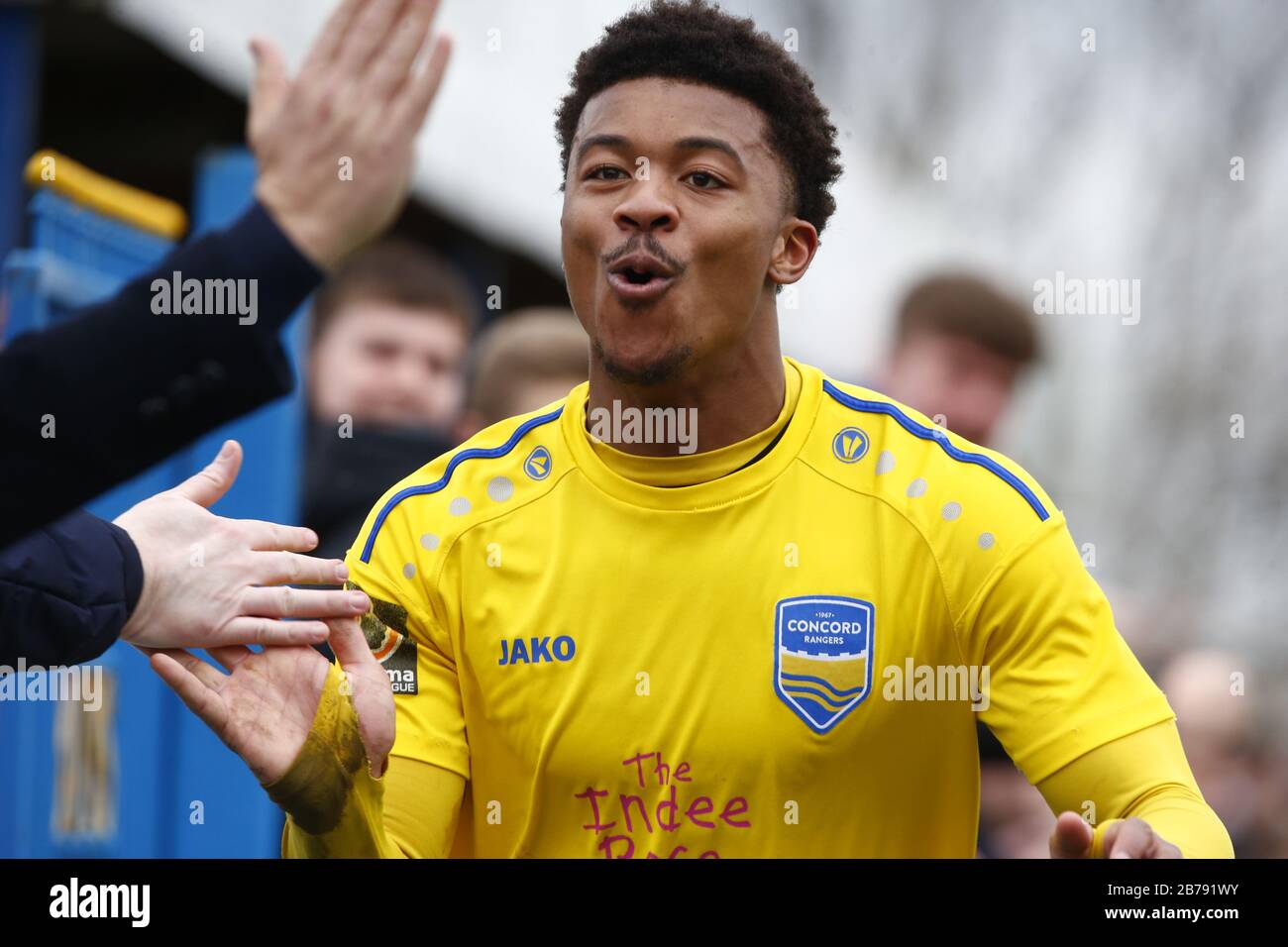 Canvey, Regno Unito. 14 Marzo 2020. Decarrey Sheriff di Concord Rangers celebra il suo obiettivo durante il Vanarama National League South Match tra Concord Rangers e Tonbridge Angels a Thames Road, Canvey Island, il 14 marzo 2020. Credit: Azione Foto Sport/Alamy Live News Foto Stock