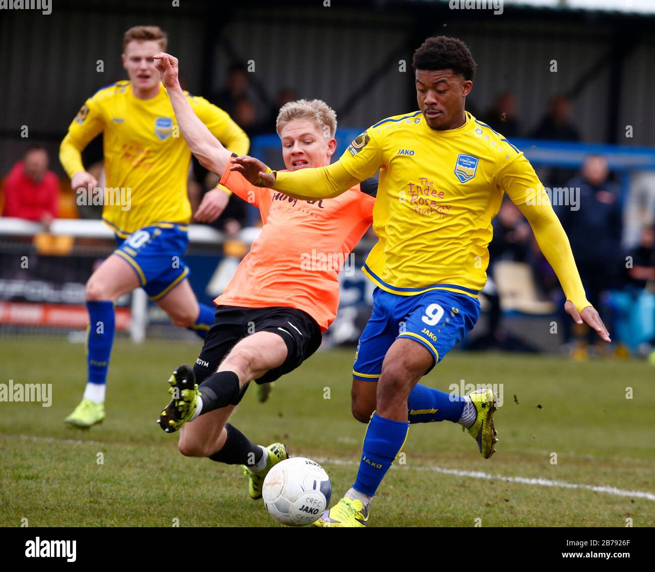 Canvey, Regno Unito. 14 Marzo 2020. Decarrey Sheriff di Concord Rangers segna il suo obiettivo durante il Vanarama National League South Match tra Concord Rangers e Tonbridge Angels a Thames Road, Canvey Island, il 14 marzo 2020. Credit: Azione Foto Sport/Alamy Live News Foto Stock