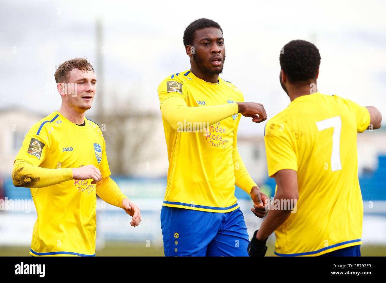Canvey, Regno Unito. 14 Marzo 2020. Temi Babaloa di Concord Rangers celebra il suo obiettivo durante il Vanarama National League South Match tra Concord Rangers e Tonbridge Angels a Thames Road, Canvey Island, il 14 marzo 2020. Credit: Azione Foto Sport/Alamy Live News Foto Stock