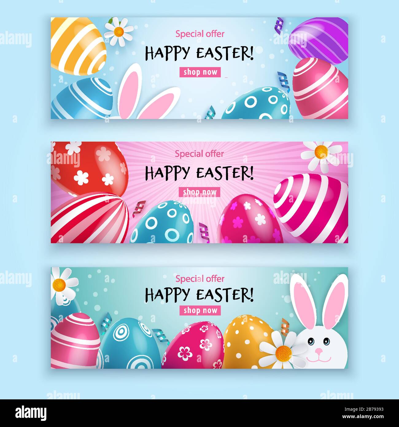 Bella Banner Di Pasqua. Uova di Pasqua multicolore con coniglietto e camomile Illustrazione Vettoriale
