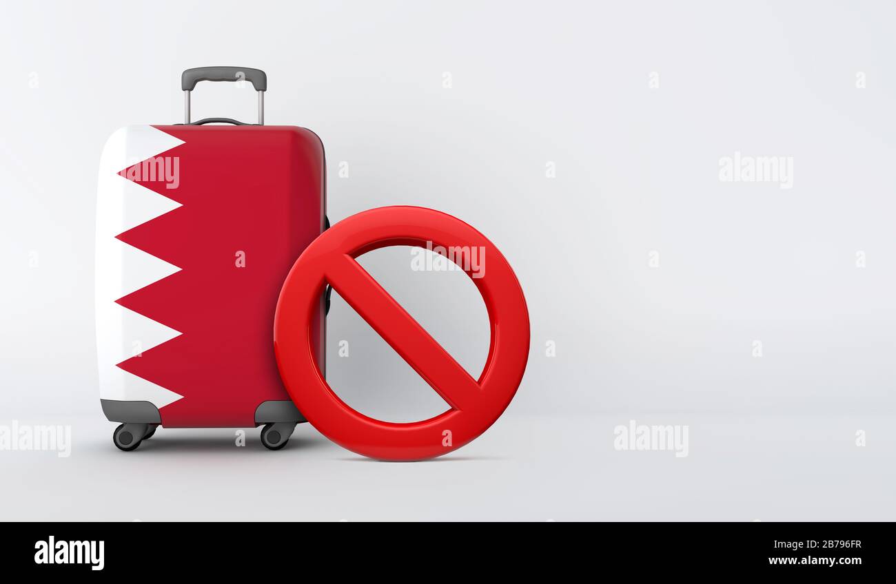 Valigia con bandiera del Bahrain senza cartello d'ingresso. Concetto di divieto di viaggio. Rendering 3D Foto Stock