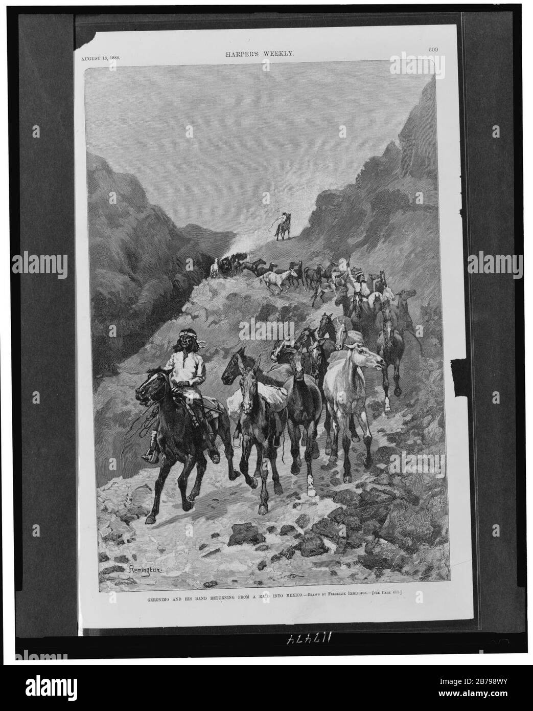 Geronimo e la sua band tornano da un raid in Messico - disegnati da Frederick (sic) Remington. Foto Stock