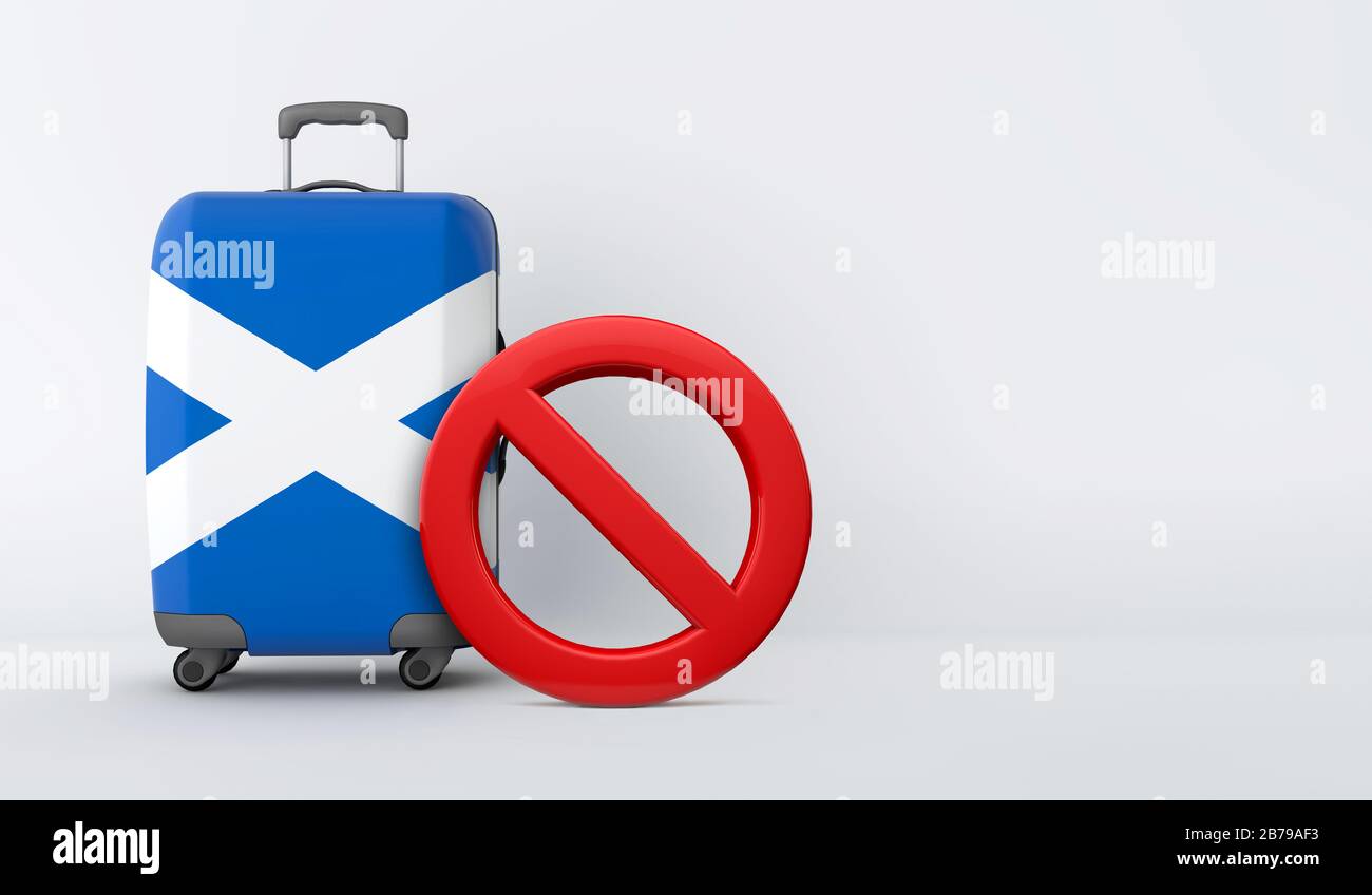 Valigia con bandiera scozzese senza cartello d'ingresso. Concetto di divieto di viaggio. Rendering 3D Foto Stock