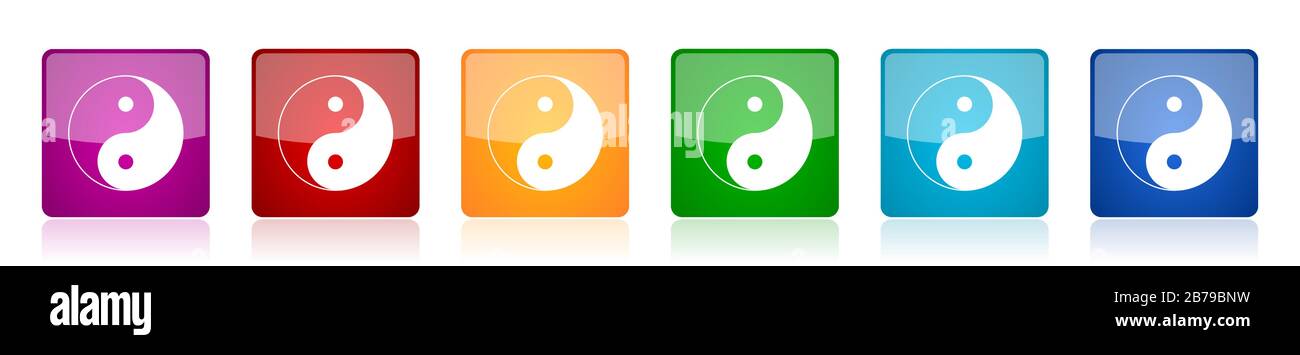 Set di icone Ying yang, illustrazioni vettoriali lucide quadrate colorate in 6 opzioni per la progettazione web e applicazioni mobili Illustrazione Vettoriale