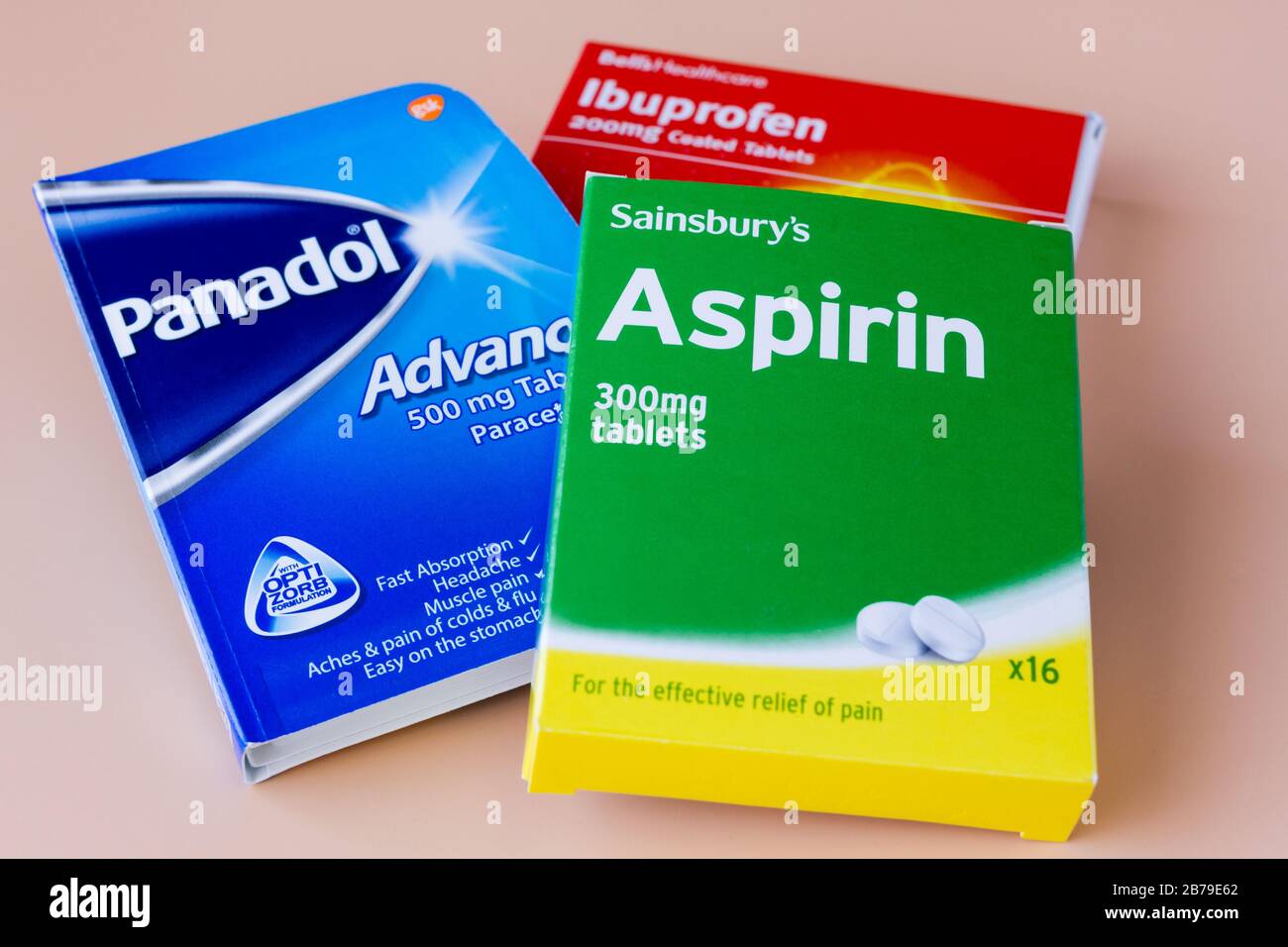 Comune sopra il contro sollievo del dolore, Panadol paracetamolo, Aspirin & ibuprofen. Regno Unito Foto Stock