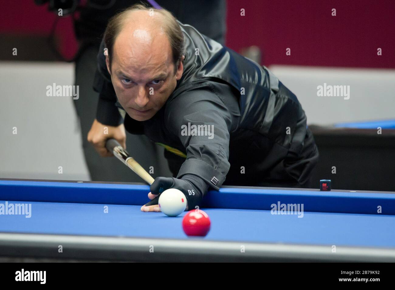 WROCLAW, POLONIA - 29 LUGLIO 2017: Gli sport da biliardo durante i Giochi mondiali 2017. Daniel Sanchez durante la partita di biliardo a 4 palline con Marco Zanetti. Foto Stock