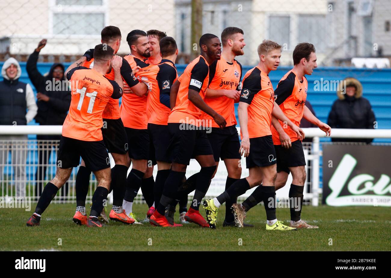 Canvey, Regno Unito. 14 Marzo 2020. Rain Bray of Tonbridge Angels celebra il suo goaldurante il Vanarama National League South Match tra Concord Rangers e Tonbridge Angels a Thames Road, Canvey Island, il 14 marzo 2020. Credit: Azione Foto Sport/Alamy Live News Foto Stock