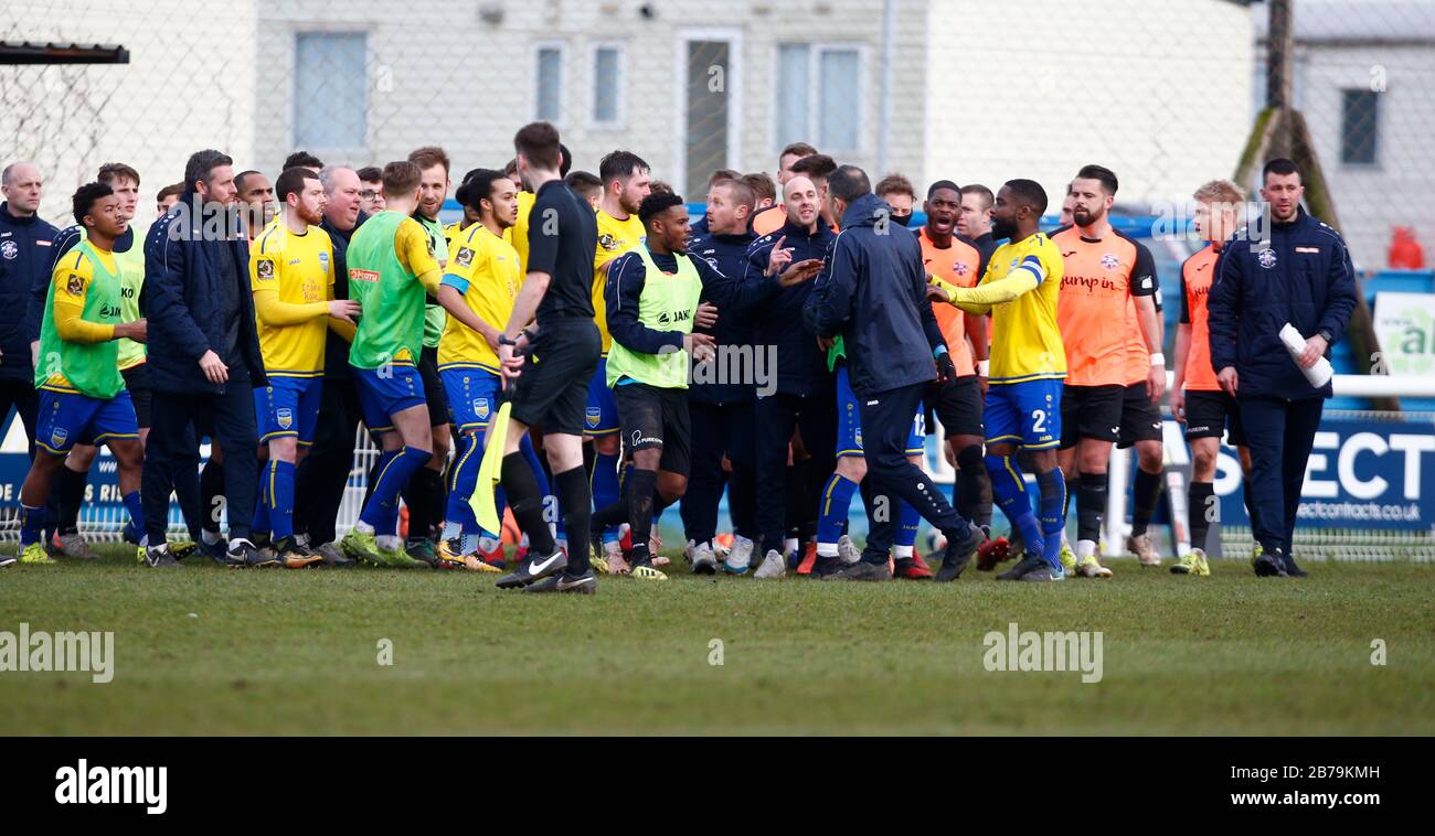 Canvey, Regno Unito. 14 Marzo 2020. Danny Scopes manager di Concord Rangers non felice durante il Vanarama National League South Match tra Concord Rangers e Tonbridge Angels a Thames Road, Canvey Island, il 14 marzo 2020. Credit: Azione Foto Sport/Alamy Live News Foto Stock