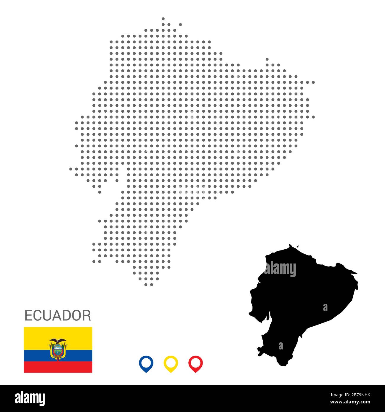 Mappa vettoriale punteggiata dell'Ecuador. Macchie grigie rotonde. Mappa Equador con bandiera nazionale e icone mappa. Silhouette nera Illustrazione Vettoriale