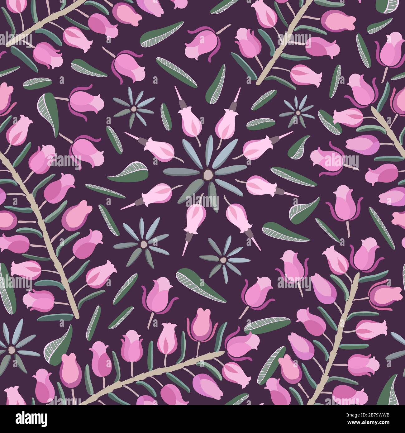 Piccole rose porpora rosa come fiori sui rami e disposte in cerchi con piccole foglie verdi sul motivo eps di fondo più scuro Illustrazione Vettoriale