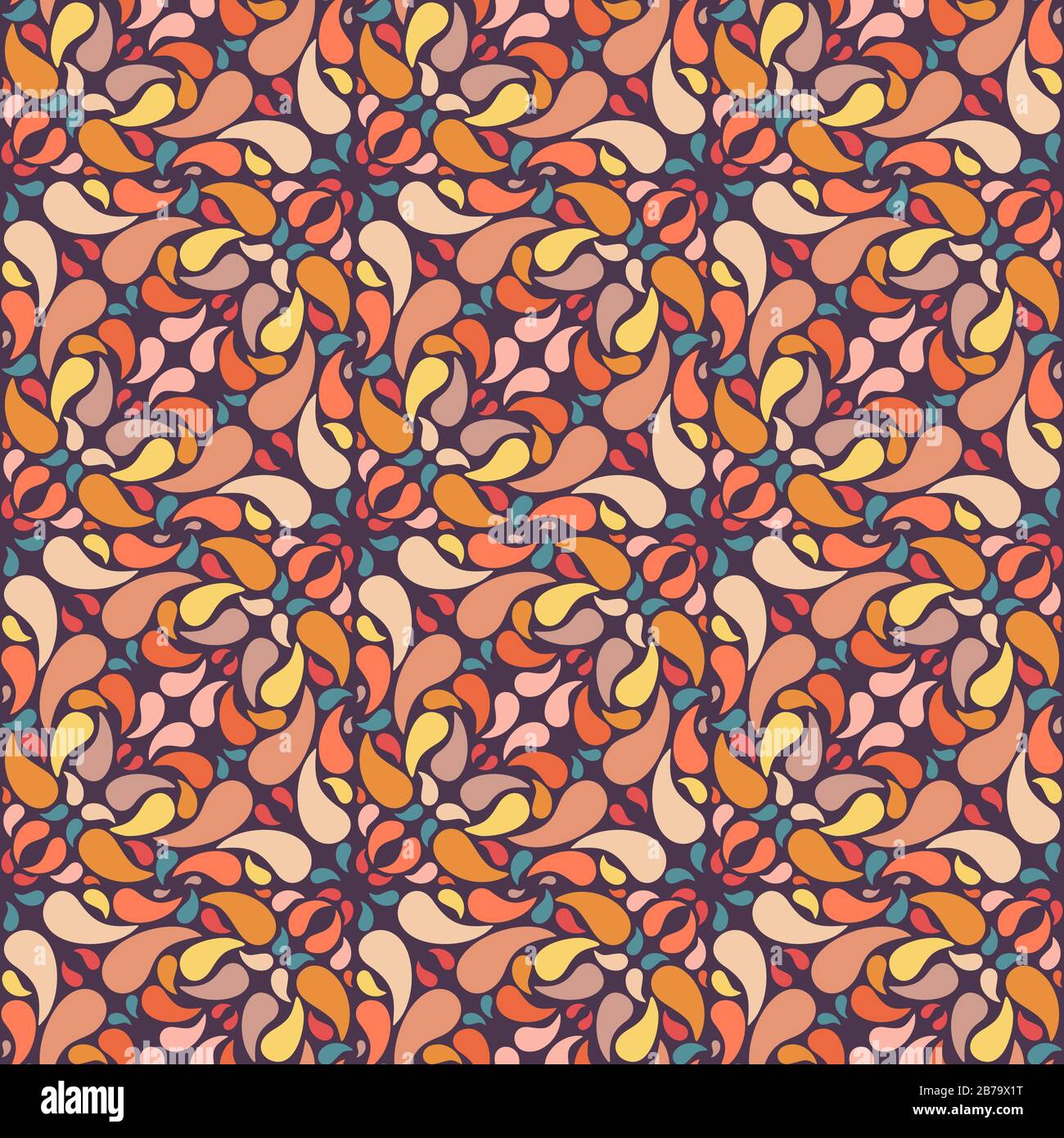 Caleidoscopio retrò paisley, motivo vettoriale simmetrico a superficie ripetuta con forme multicolore mutate paisley di varie dimensioni. Illustrazione Vettoriale