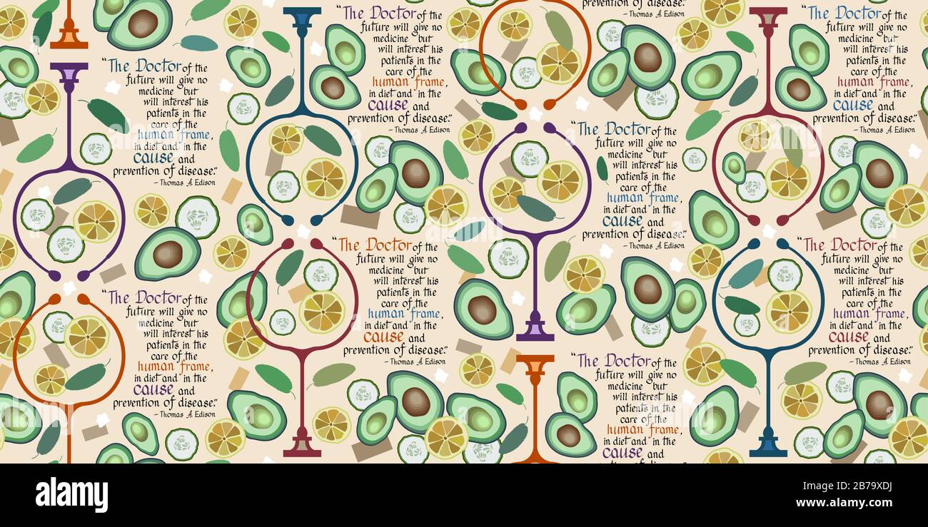 Il Dottore del Futuro – concetto di medicina alternativa integrativa. Modello vettoriale senza cuciture con stetoscopio, alimenti sani e testo citato. Illustrazione Vettoriale