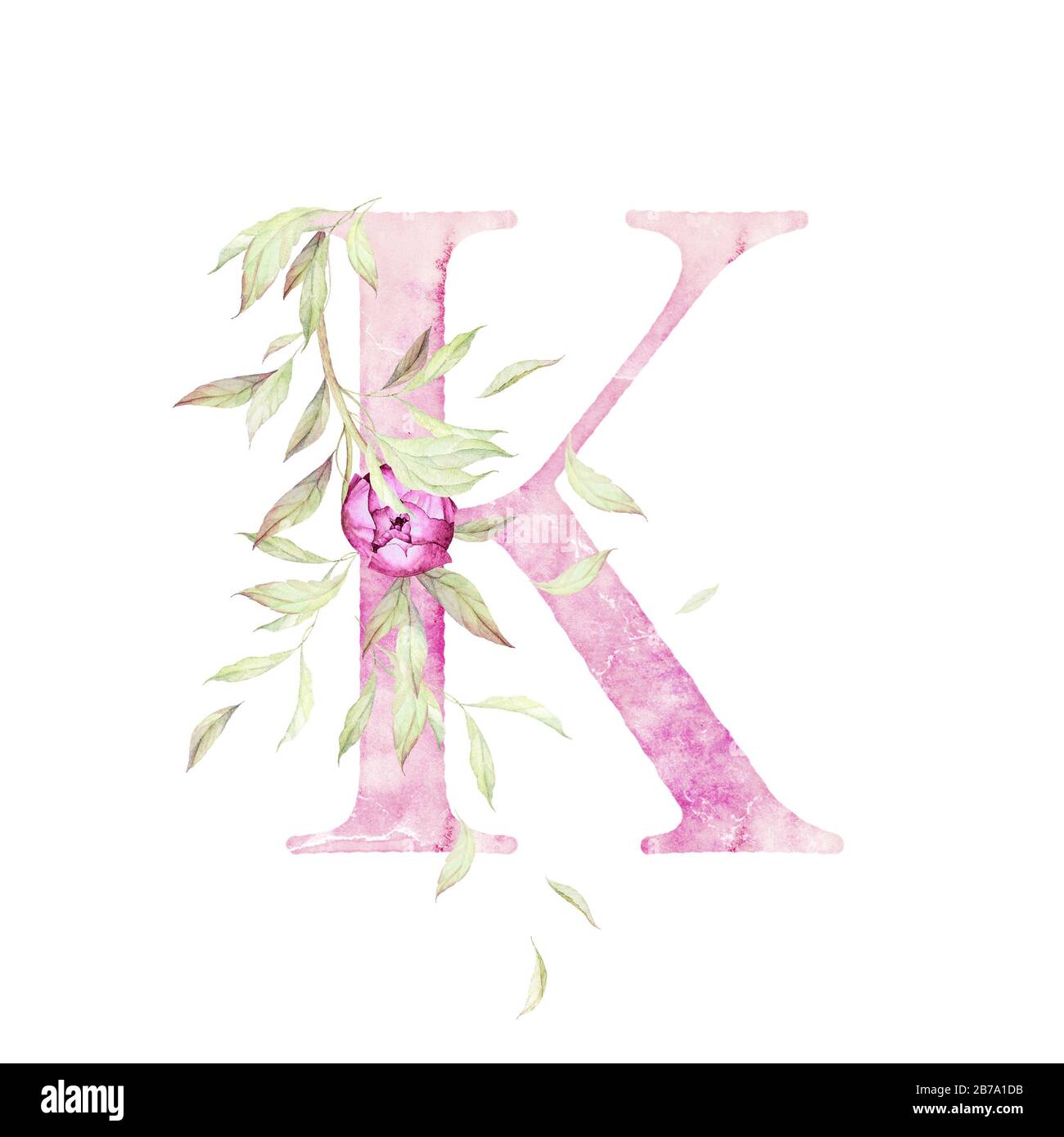 Lettera grande K. Alphabet. Rosa chiaro. Decorazioni floreali. Acquerello. Sfondo bianco. Qualità di stampa Foto Stock