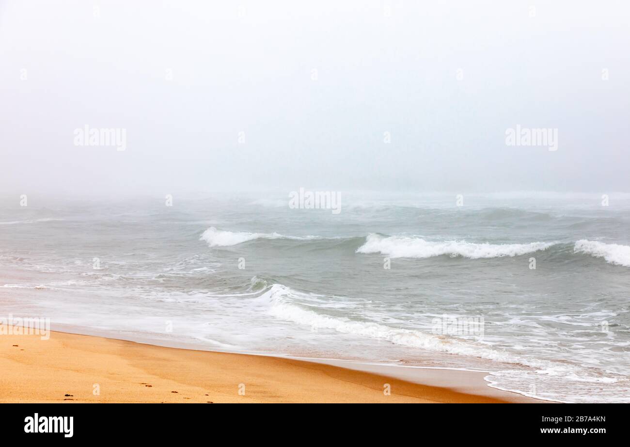 Fate surf in una giornata di nebbia a East Hampton, NY Foto Stock