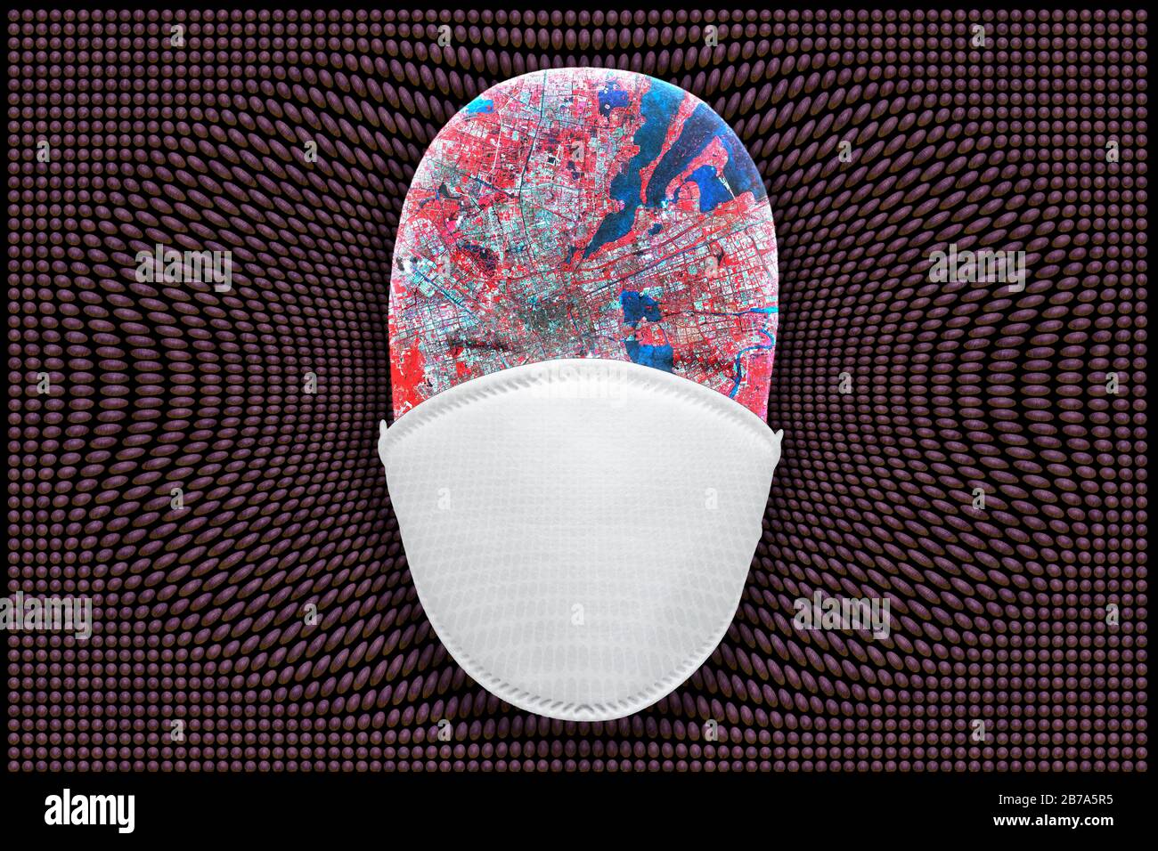 maschera sanitaria con gocciolina di virus che mostra breakout pandemico globale. Mappa cortesia NASA/JEN-Caltech. Foto Stock