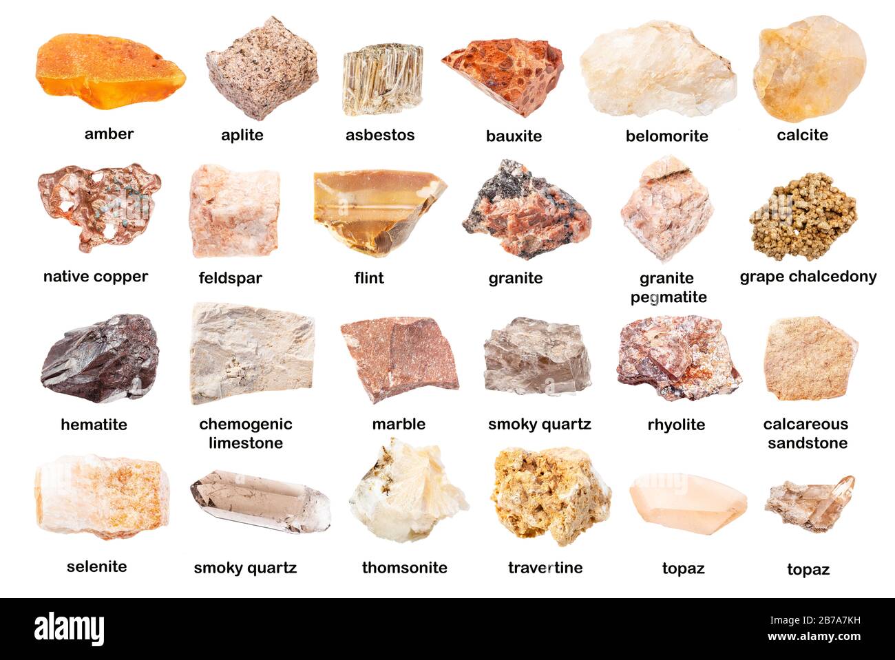 set di varie rocce non lucidate con nomi (calcite, amianto, aplite, riolite, pegmatite, granito, topaz, feldspare, bauxite, ambra, ematite, marmo Foto Stock set di varie rocce non lucidate con nomi (calcite, amianto, aplite, riolite, pegmatite, granito, topaz, feldspare, bauxite, ambra, ematite, marmo Foto Stock