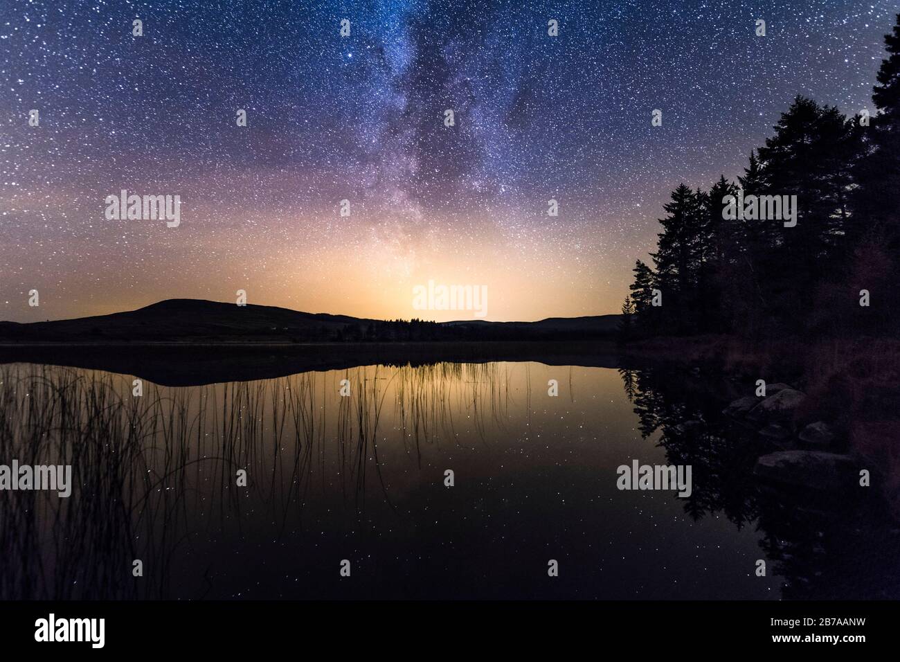 Milky Way e stelle su Loch Stroan, Galloway Dark Sky Park, Galloway Forest, Dumfries & Galloway, Scozia Foto Stock
