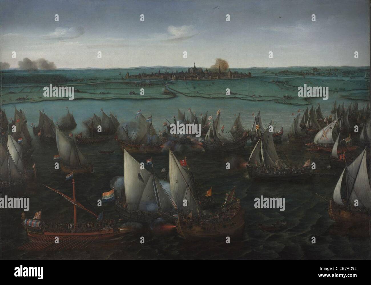 Gevecht tussen Hollandse en Spaanse schepen op het Haarlemmermeer Foto Stock