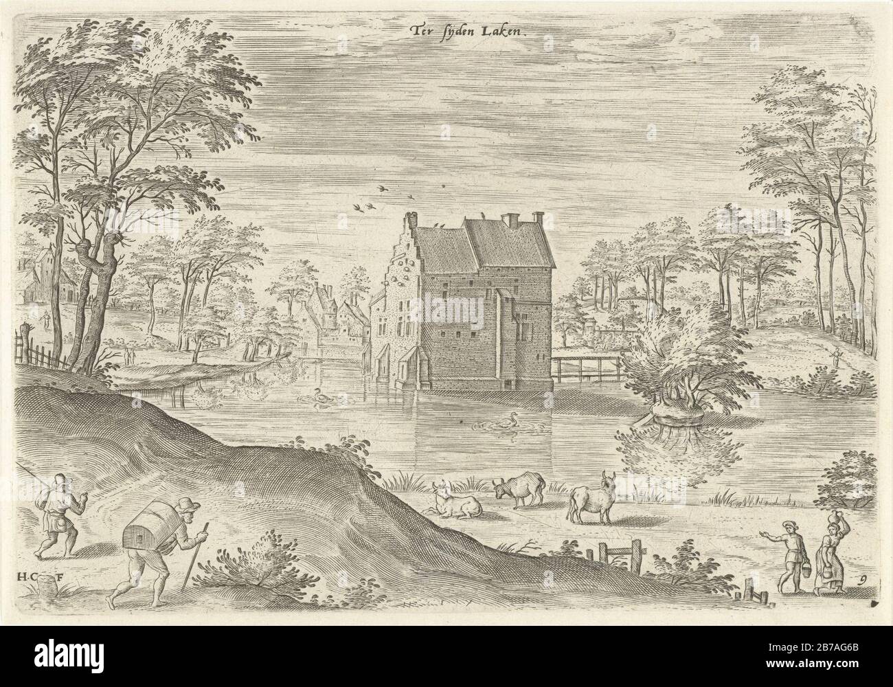 Gezicht op slot Coensborg te Laken, Hans Collaert (i), Naar Hans Bol, Jacob Grimmer, 1530 - 1580. Foto Stock