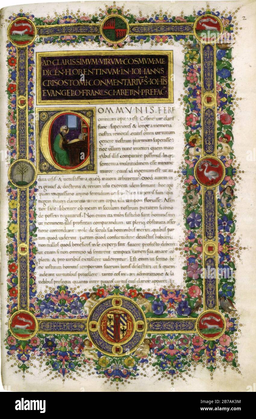 Gherardo di giovanni del foro, incipit da san giovanni crisostomo, homiliae, bibl ap iva, ms urb lat 34 f 2r. Foto Stock