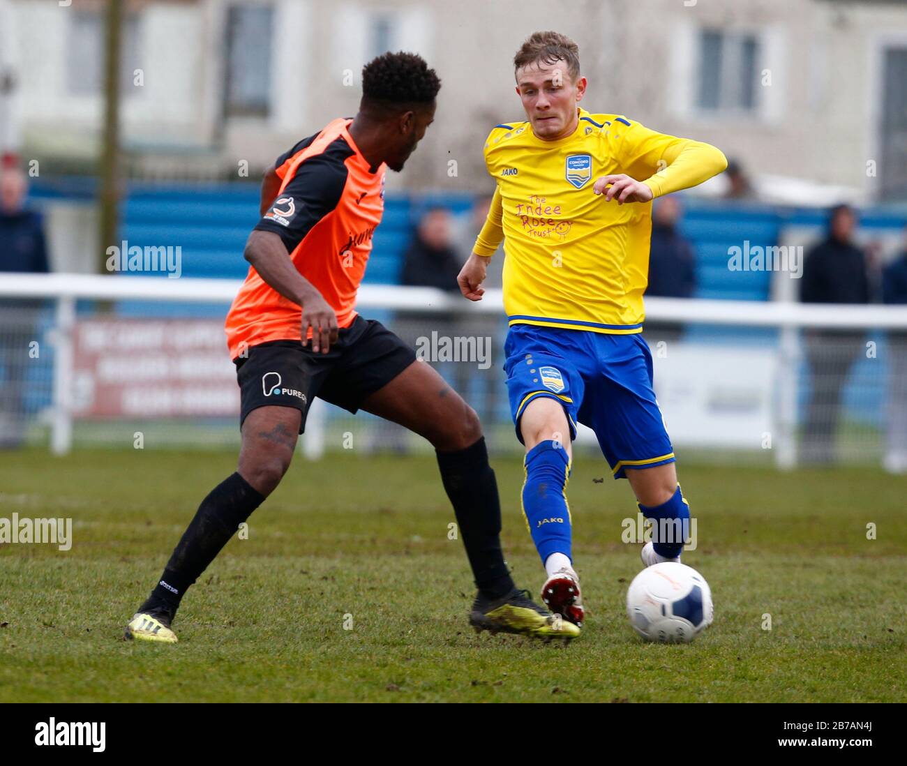 Canvey, Regno Unito. 14 Marzo 2020. Taylor Maloney di Concord Rangers in azione durante il Vanarama National League South Match tra Concord Rangers e Tonbridge Angels a Thames Road, Canvey Island, il 14 marzo 2020. Credit: Action Foto Sport/Alamy Live News Credit: Action Foto Sport/Alamy Live News Foto Stock