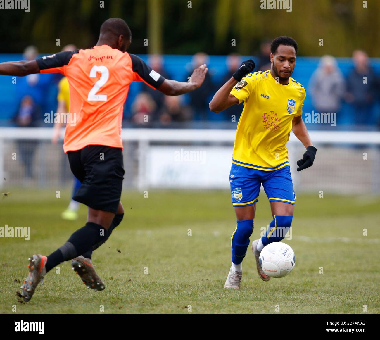 Canvey, Regno Unito. 14 Marzo 2020. Lamar Reynolds di Concord Rangers in azione durante il Vanarama National League South Match tra Concord Rangers e Tonbridge Angels a Thames Road, Canvey Island, il 14 marzo 2020. Credit: Action Foto Sport/Alamy Live News Credit: Action Foto Sport/Alamy Live News Foto Stock