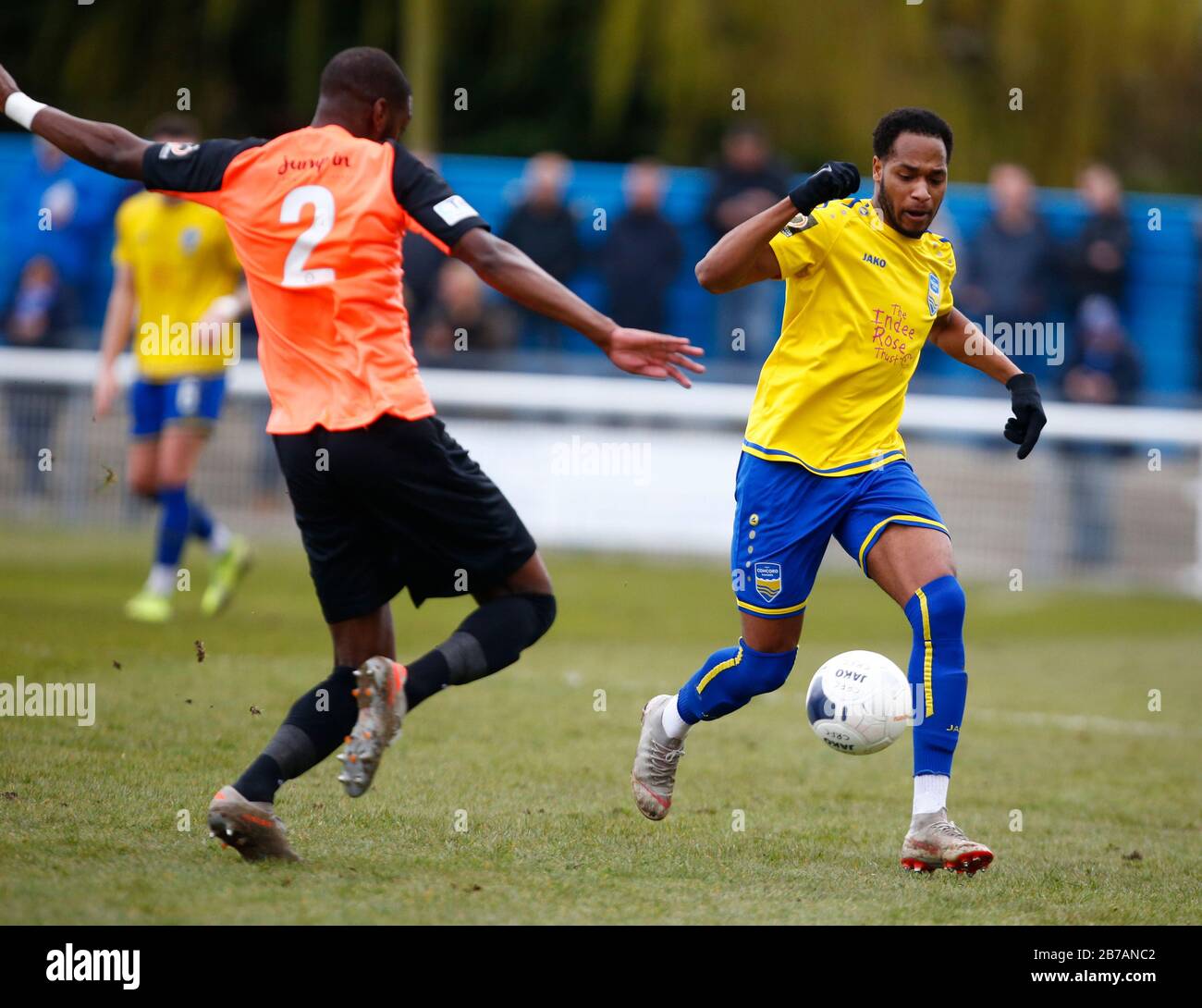 Canvey, Regno Unito. 14 Marzo 2020. Lamar Reynolds di Concord Rangers in azione durante il Vanarama National League South Match tra Concord Rangers e Tonbridge Angels a Thames Road, Canvey Island, il 14 marzo 2020. Credit: Action Foto Sport/Alamy Live News Credit: Action Foto Sport/Alamy Live News Foto Stock