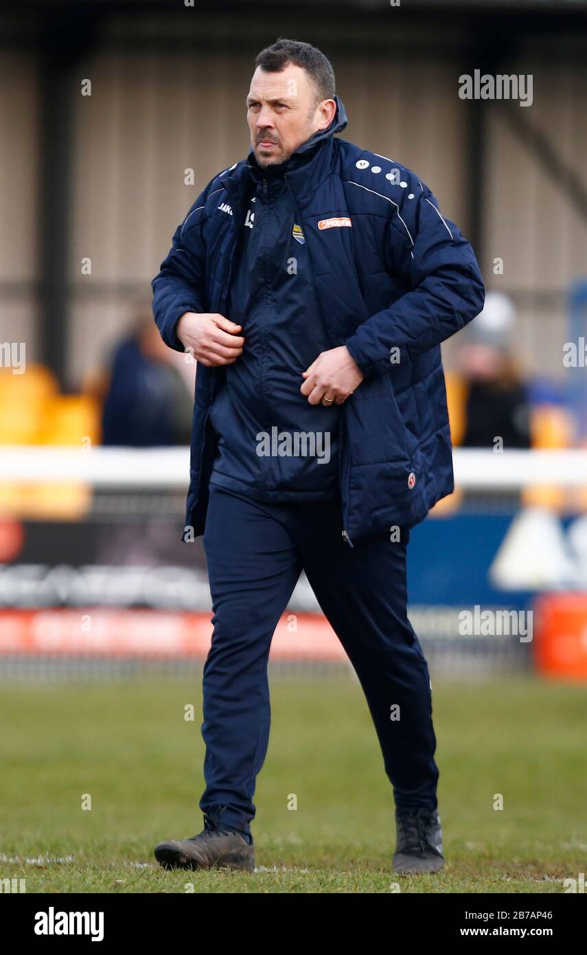 Canvey, Regno Unito. 14 Marzo 2020. Danny Scopes manager di Concord Rangers durante il Vanarama National League South Match tra Concord Rangers e Tonbridge Angels a Thames Road, Canvey Island, il 14 marzo 2020. Credit: Azione Foto Sport/Alamy Live News Foto Stock