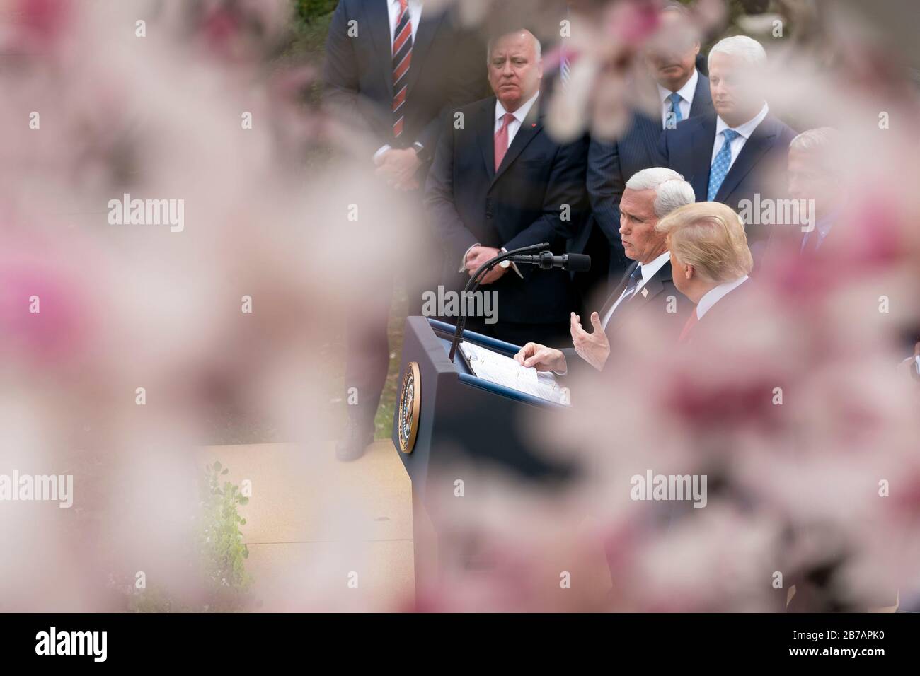 Washington, Stati Uniti D'America. 13 Marzo 2020. Washington, Stati Uniti D'America. 13 Marzo 2020. Il Vice Presidente degli Stati Uniti Mike Pence parla dell'emergenza nazionale per combattere l'epidemia di coronavirus mentre il Presidente Donald Trump guarda al Rose Garden della Casa Bianca il 13 marzo 2020 a Washington, DC. Credit: Tia Dufour/White House Photo/Alamy Live News Foto Stock