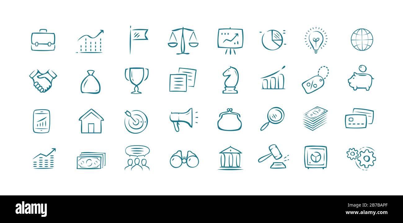 Set di icone disegnate a mano business. Elementi per siti Web o app mobili Illustrazione Vettoriale