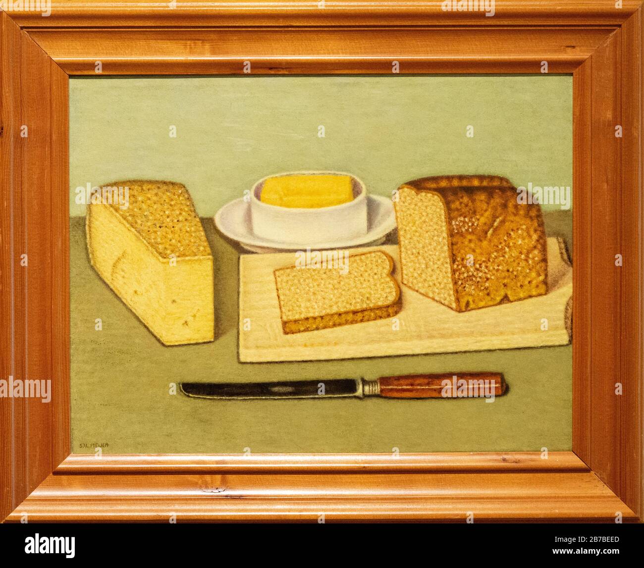 Stilleven met brood, kaas en boter door Sal Meijer Foto Stock