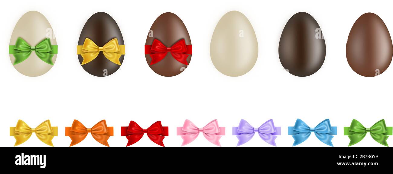 set di uova di cioccolato con archi e nastri colorati Illustrazione Vettoriale