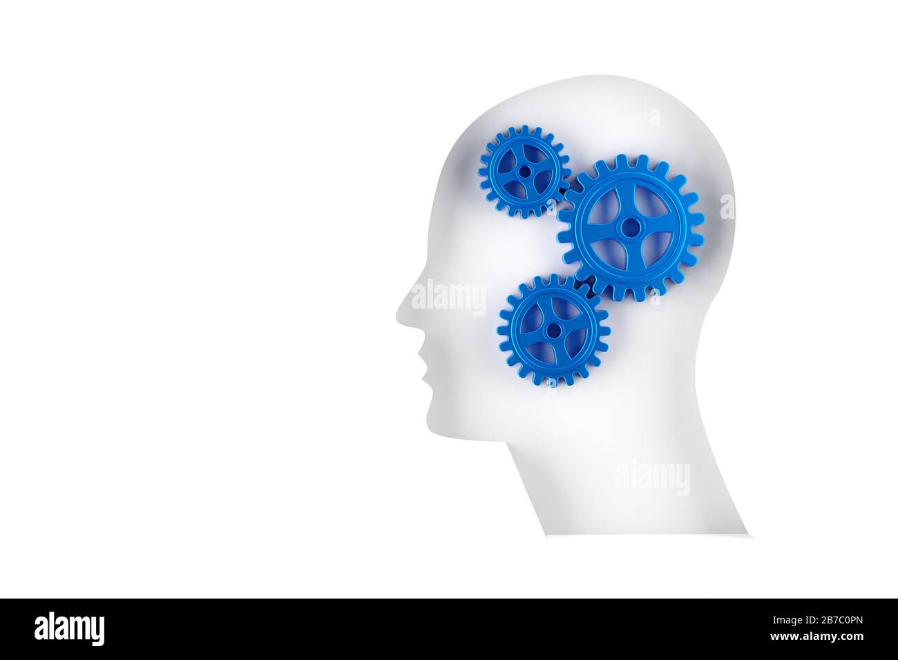 Ruote dentate Blue Gears a forma di testa umana isolate su sfondo bianco - strategia, creatività o innovazione aziendale concetto minimale moderno, 3D Illustrat Foto Stock