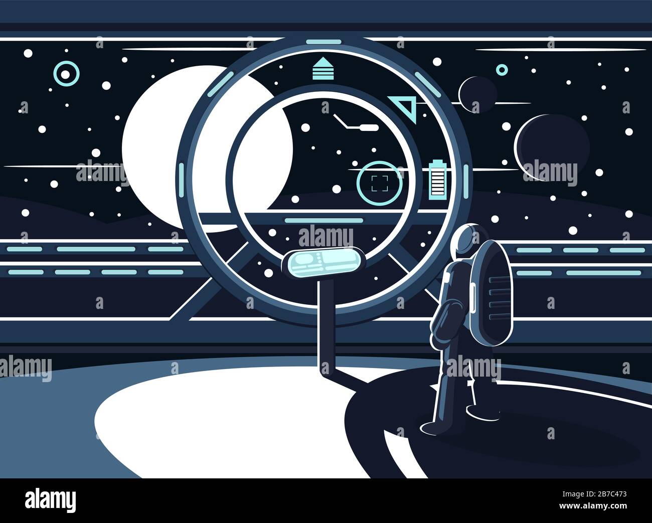 Un astronauta o cosmonauta all'interno di una stazione spaziale Illustrazione Vettoriale