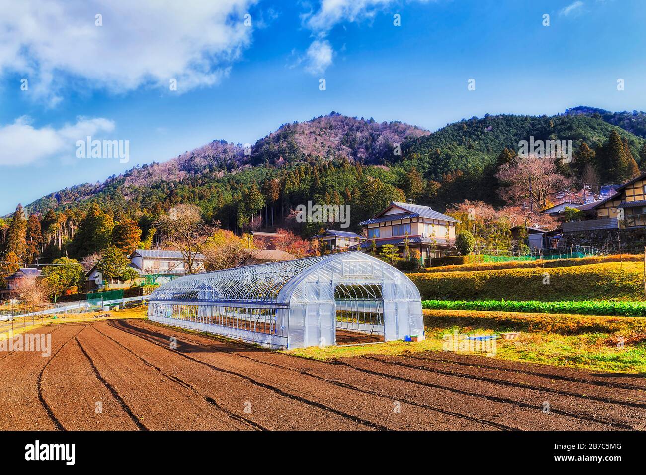 Serra su un campo agricolo arato in piccolo villaggio agricolo Ohara in Giappone. Foto Stock