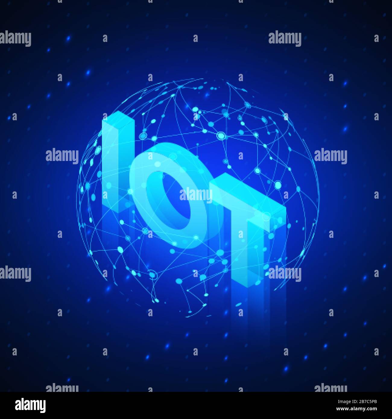 Ologramma di rete globale con testo IoT incide. Tecnologia sfondo isometrico blu. Illustrazione vettoriale Illustrazione Vettoriale