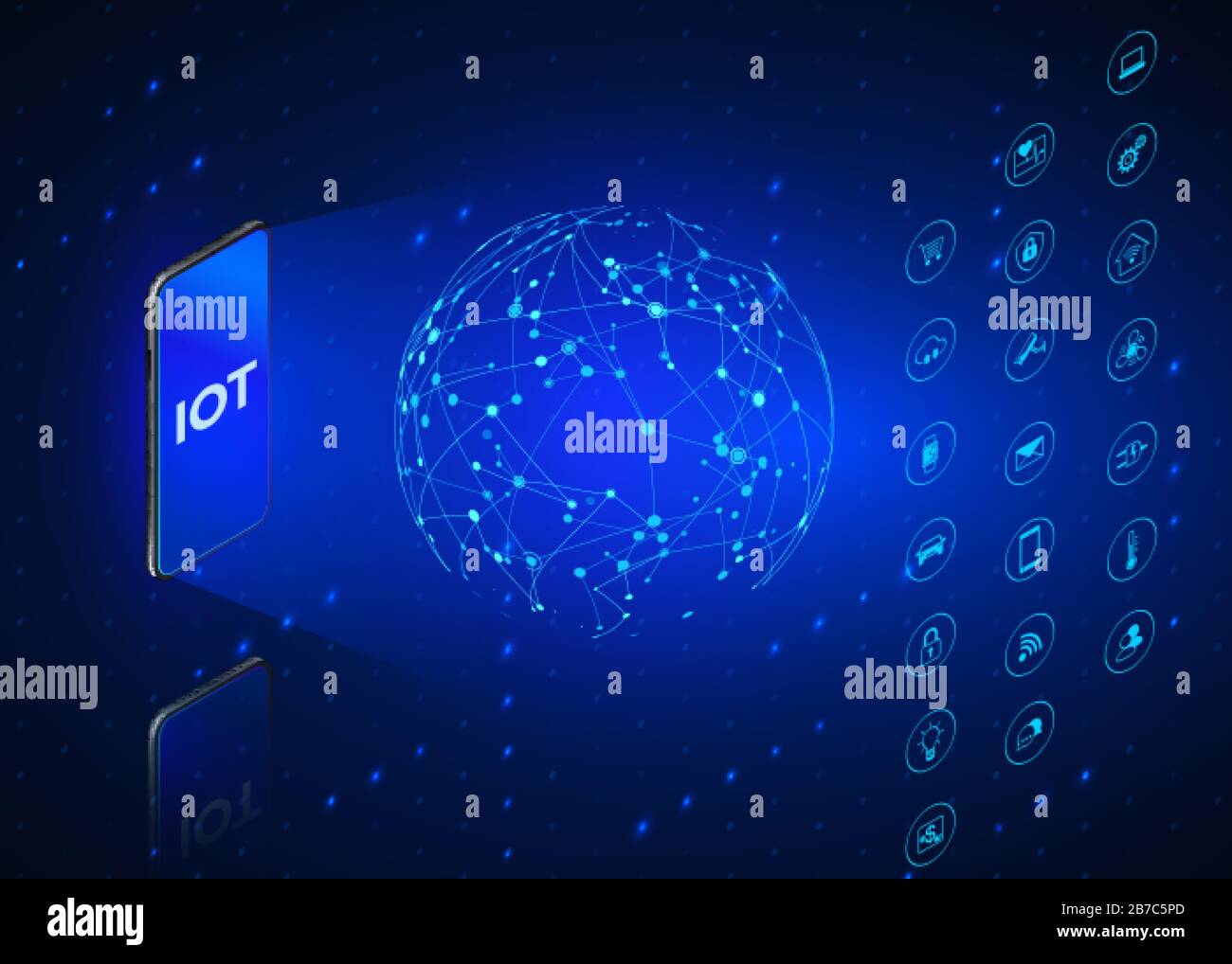 IOT. Icone isometriche per l'Internet delle Cose. Monitoraggio e controllo di tutti i sistemi digitali tramite telefono cellulare. Tecnologia sfondo in colori blu. Vect Illustrazione Vettoriale