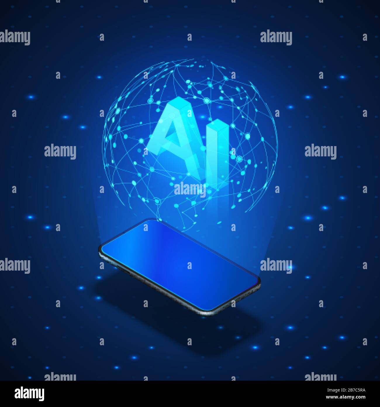 Concetto Ai Di Banner Isometrico. Cellulare con ologramma rete globale e header intelligenza artificiale. Illustrazione vettoriale Illustrazione Vettoriale