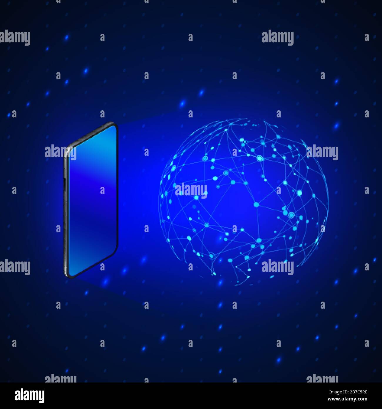 Ologramma Global Networking by Mobile Screen. Tecnologia futura 5g e 6g Internet mobile. Banner isometrico astratto IoT o ai. Vettore Illustrazione Vettoriale
