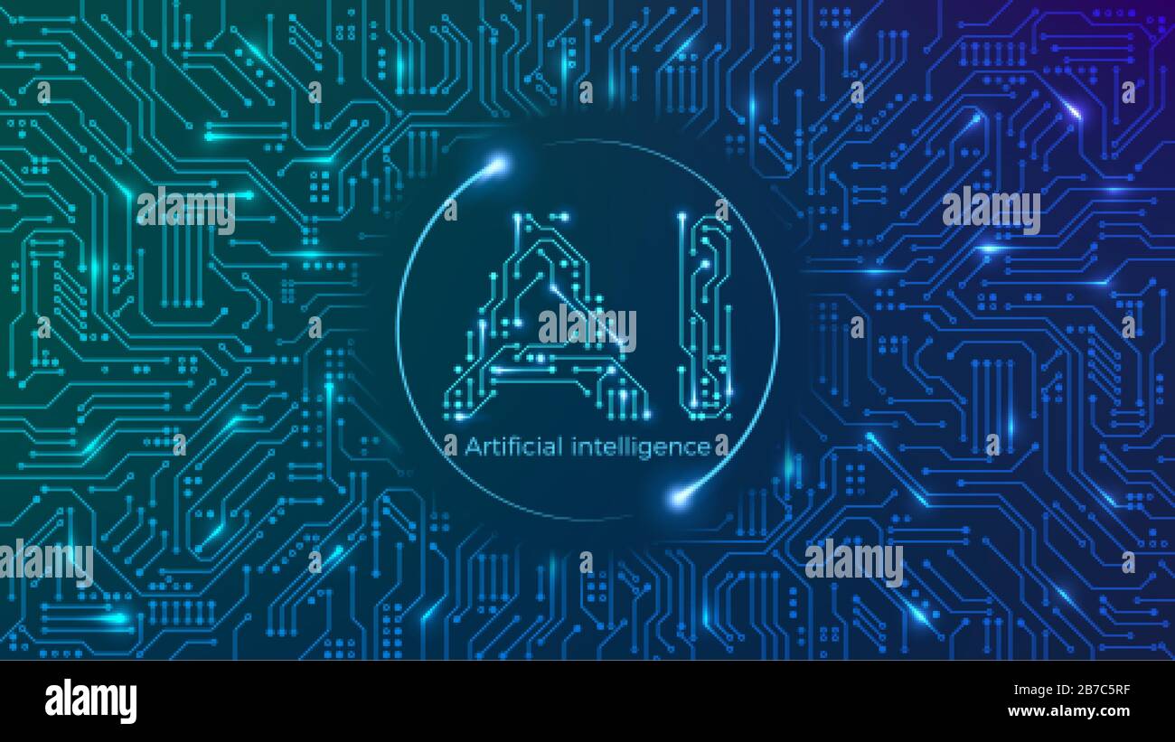 Concetto di intelligenza artificiale. La mente della macchina. Sfondo della scheda a circuito stampato con logo ai. Illustrazione vettoriale Illustrazione Vettoriale