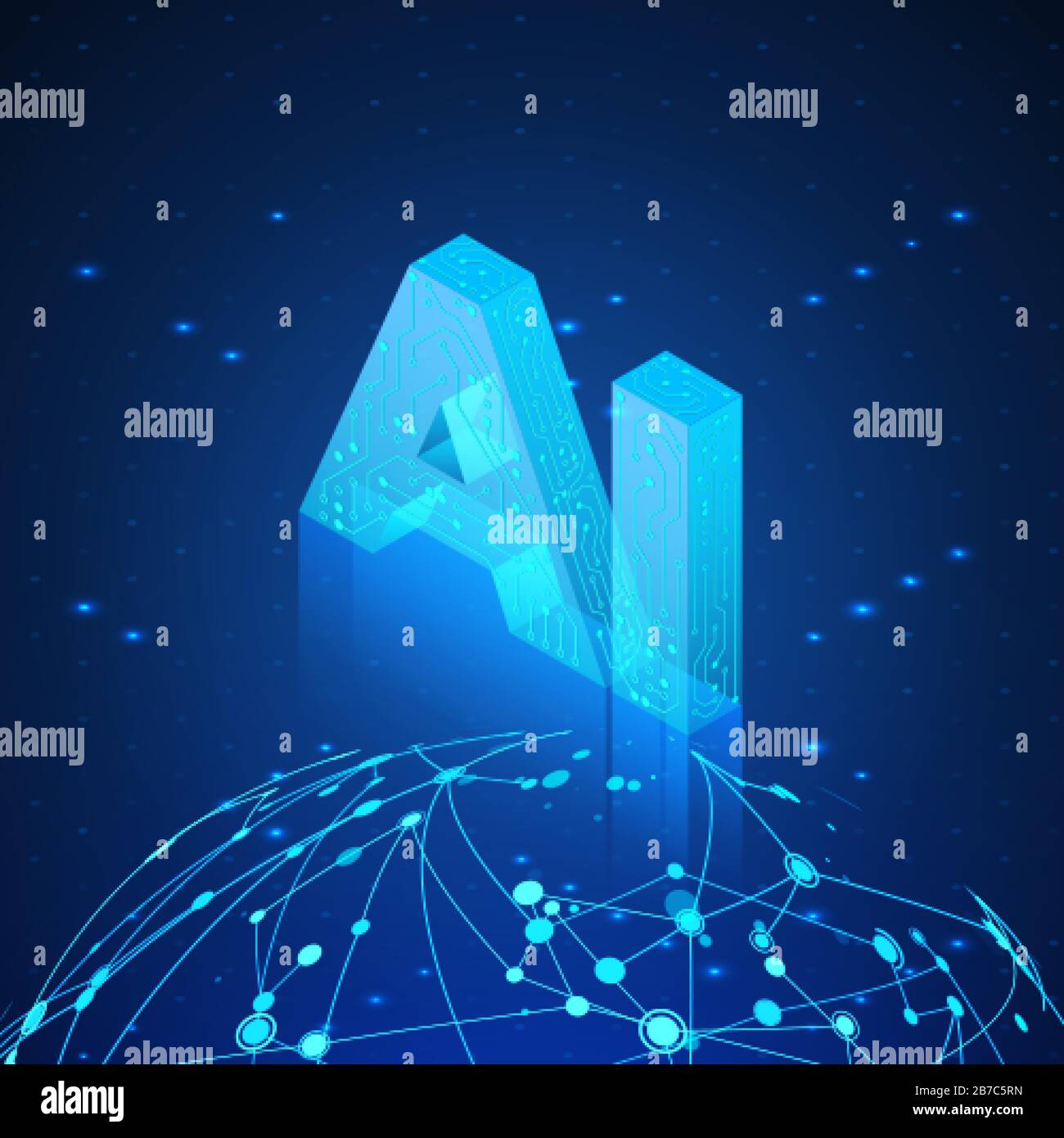 Ologramma dell'intelligenza artificiale su Global Network. Banner isometrico di intelligenza artificiale. Tecnologia Fuuristica. Vettore Illustrazione Vettoriale