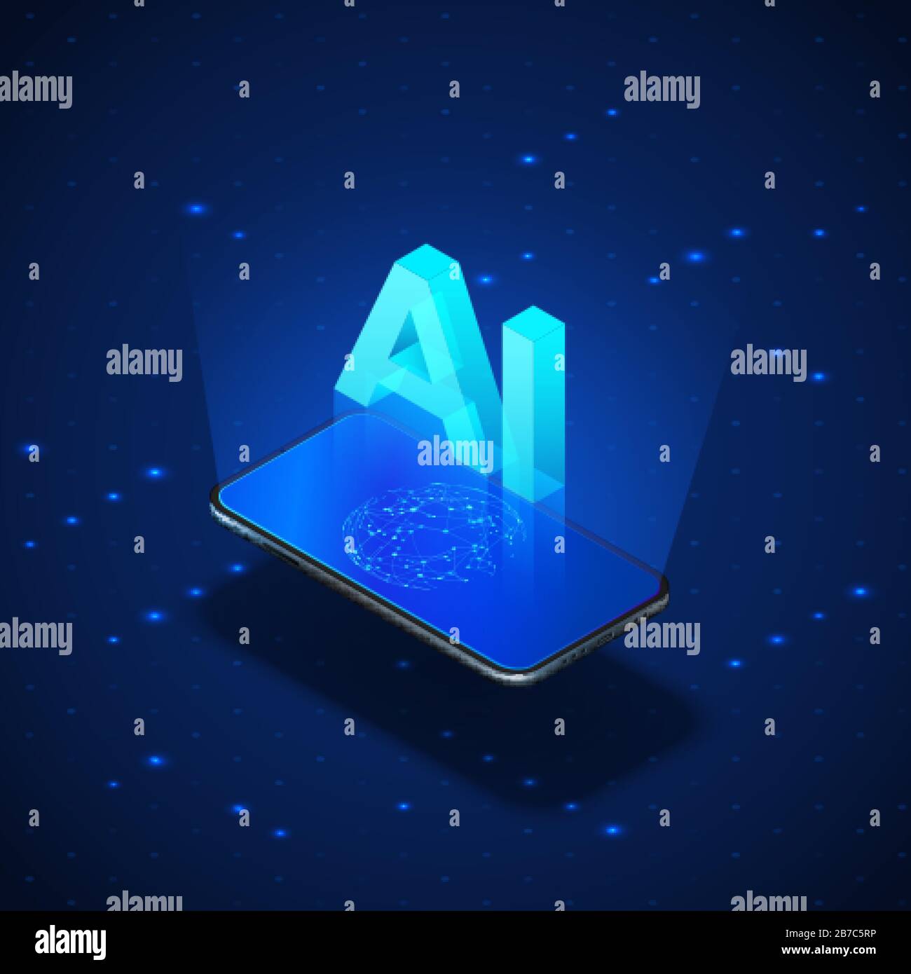 Concetto Ai Di Banner Isometrico. Telefono cellulare realistico con intelligenza artificiale header ai. Illustrazione vettoriale Illustrazione Vettoriale