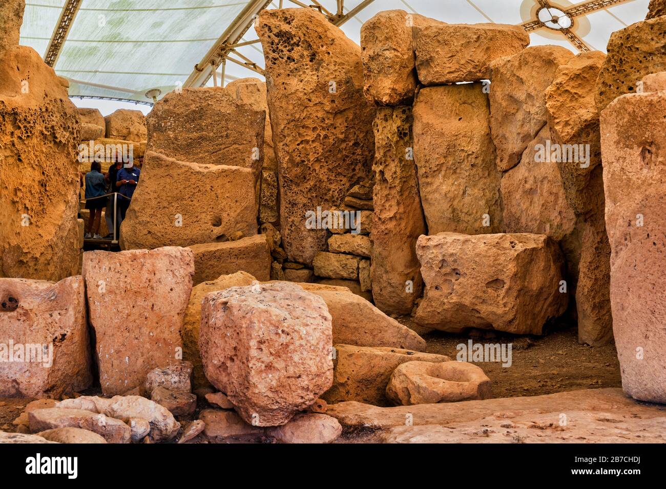 Tempio megalitico di Hagar Qim a Malta, fase preistorica di Ggantija, tra il 3600 a.C. e il 3200 a.C. Foto Stock