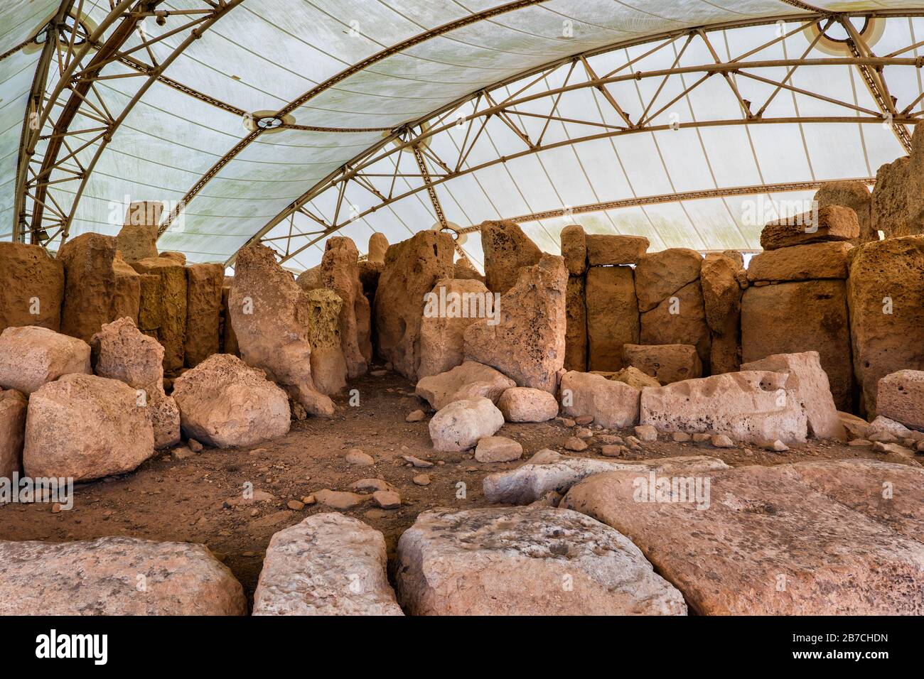 Tempio megalitico di Hagar Qim a Malta, fase preistorica di Ggantija, tra il 3600 a.C. e il 3200 a.C. Foto Stock