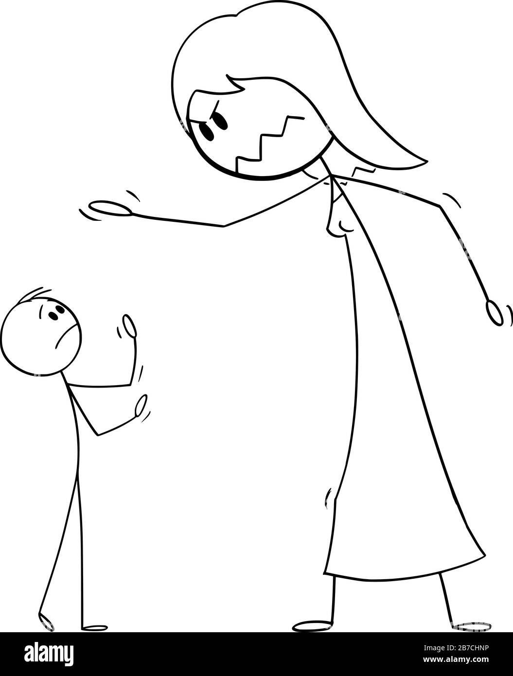 Cartoni animati vettoriali disegno illustrazione concettuale di piccolo uomo e grande donna o boss urlare al dipendente. Lotta di coppia. Concetto di relazione. Illustrazione Vettoriale