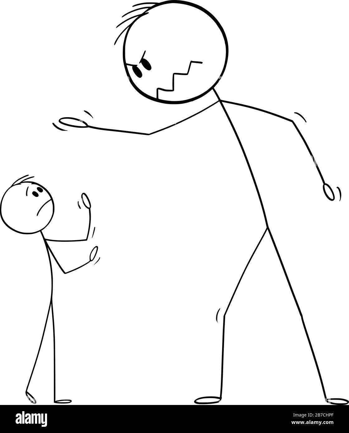 Figura del bastone del cartoon del vettore che disegnano l'illustrazione concettuale del grande uomo che urla al piccolo uomo o al capo che urla al lavoratore o al dipendente. Illustrazione Vettoriale