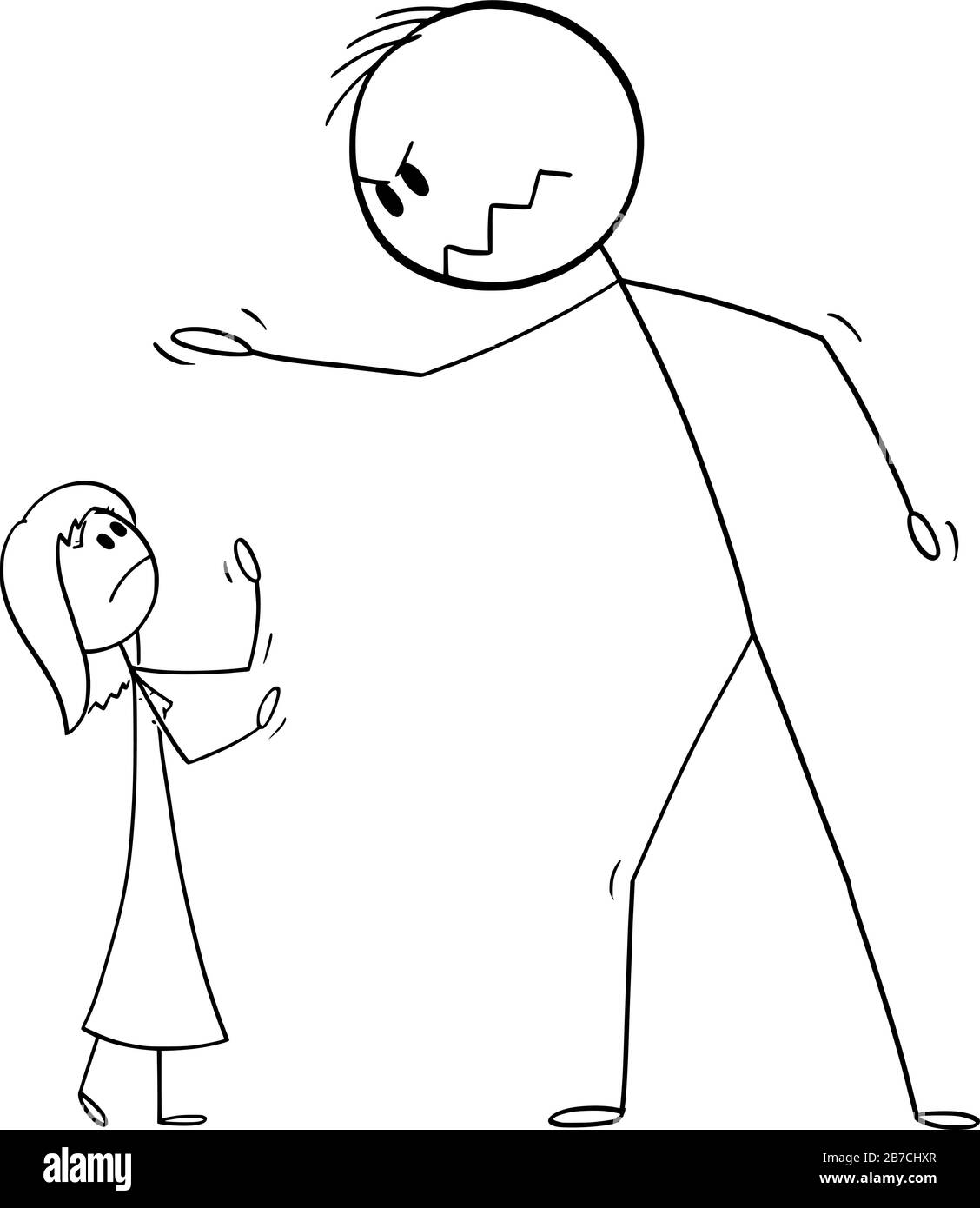 Cartoni animati vettoriali disegno illustrazione concettuale di donna piccola e grande uomo o capo urlando al dipendente. Lotta di coppia. Concetto di relazione. Illustrazione Vettoriale