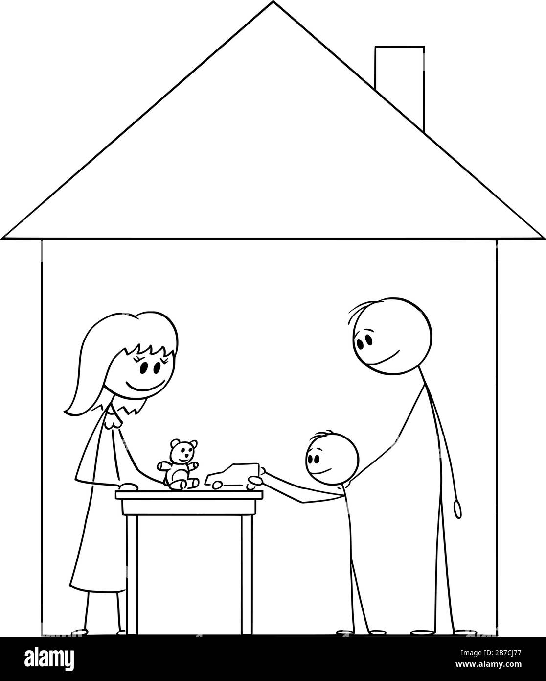 Figura di bastone cartoon vettoriale disegno concettuale di felice famiglia di madre, padre e bambino che vive all'interno della casa di famiglia. Illustrazione Vettoriale