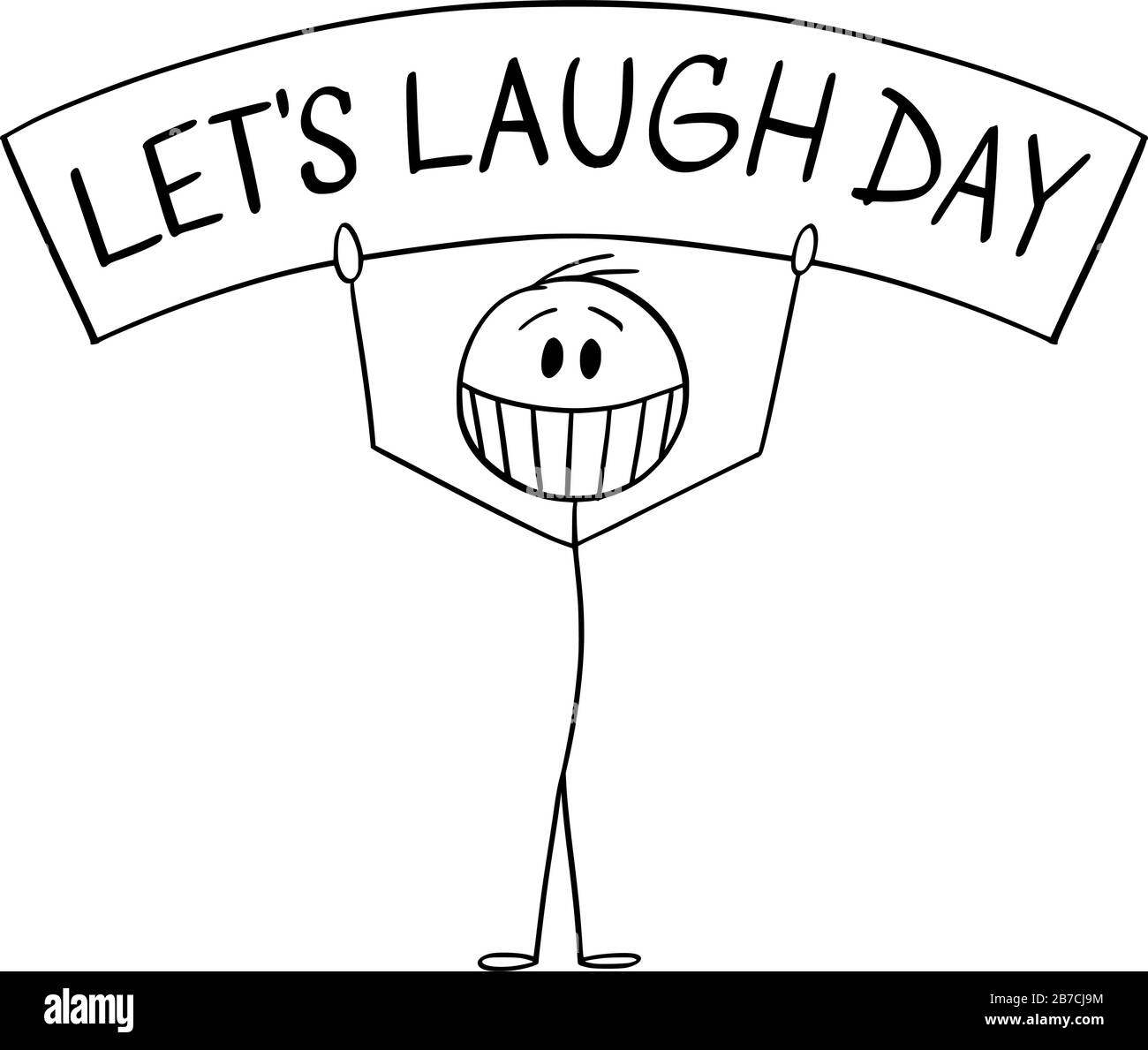 National Let's Laugh Day personaggio cartoon cartoni animati disegnando illustrazione concettuale di sorridente uomo che tiene segno. Illustrazione Vettoriale