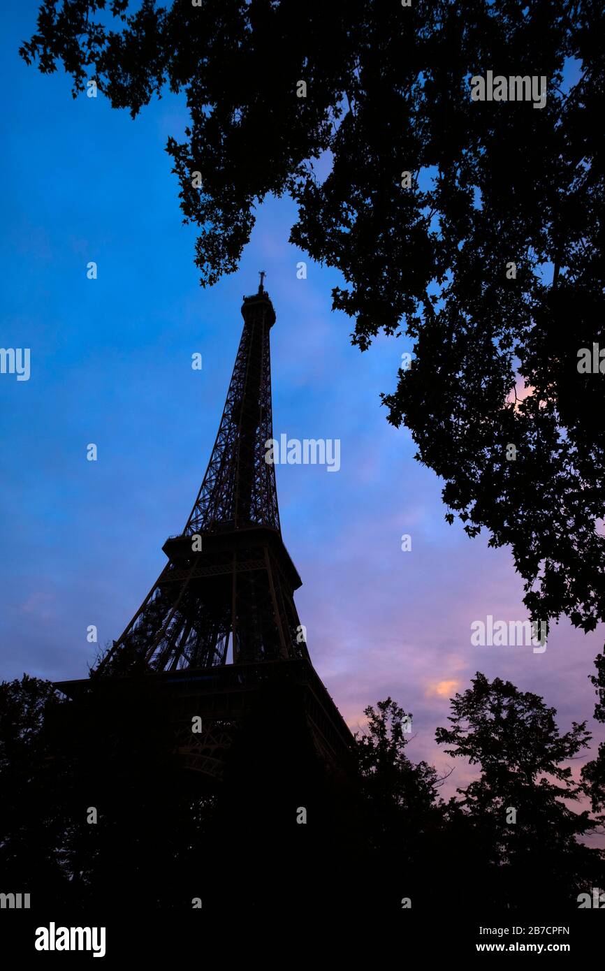 Silhouette della Torre Eiffel con alberi in primo piano a Parigi, Francia, Europa Foto Stock